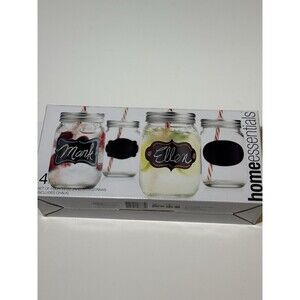Home Essentials Mason Jar Set Of (4) 15 Oz Glass With 4 Lids & Straws
